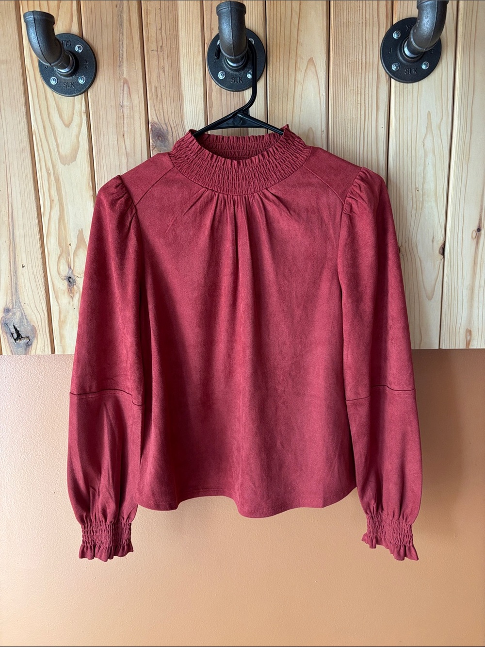 THML anthropology mocked High-Neck Red Blouse with Long Puff Sleeves